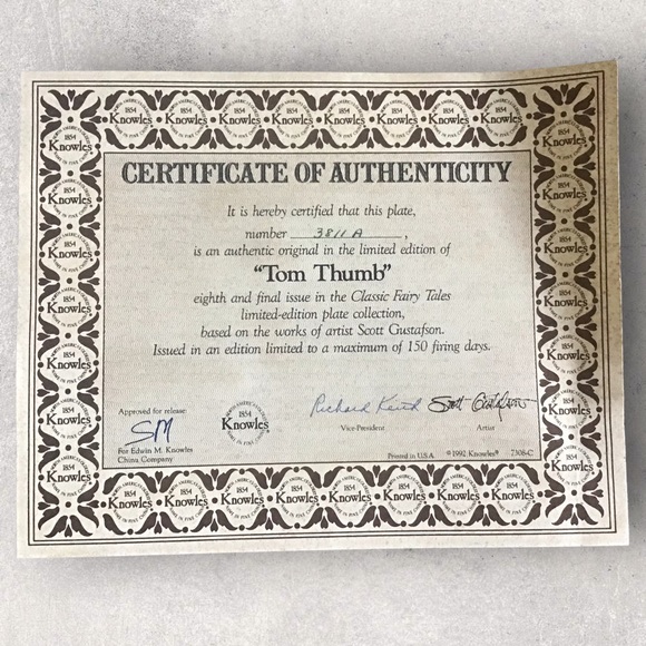 KNOWLES “Tom Thumb” Vintage Collector’s Plate Eight 22-K Gold Rim COA 8.5” diam - Picture 4 of 6